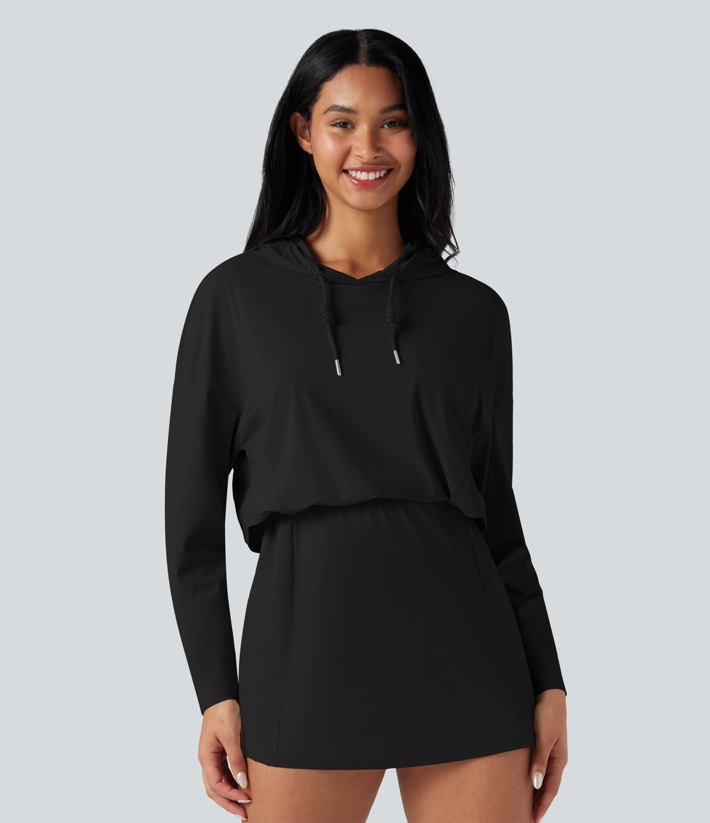 Hooded Long Sleeve 2-piece Quick Dry Casual Dress with Pockets