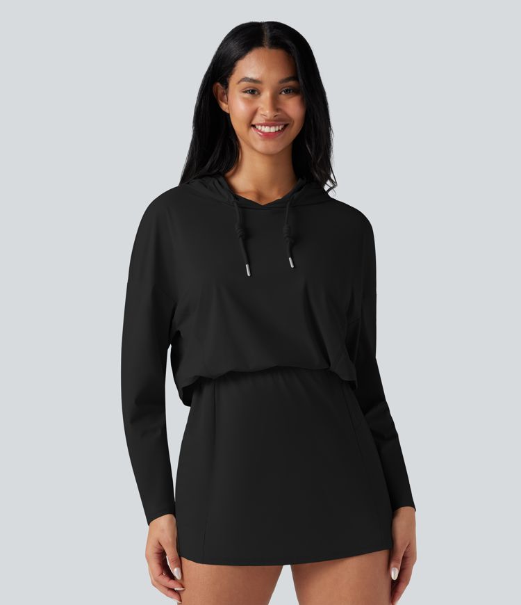 Hooded Long Sleeve 2-piece Quick Dry Casual Dress with Pockets