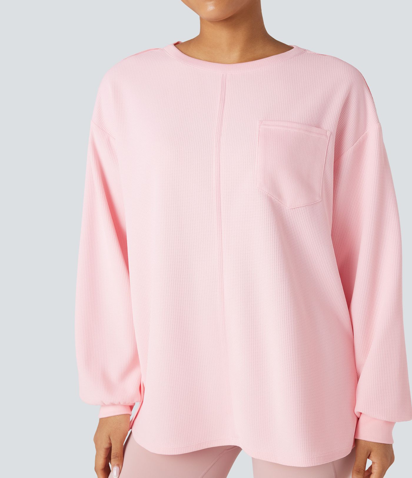 Sudadera casual oversized de tejido waffle, cuello redondo, manga larga, dobladillo con abertura y bolsillos