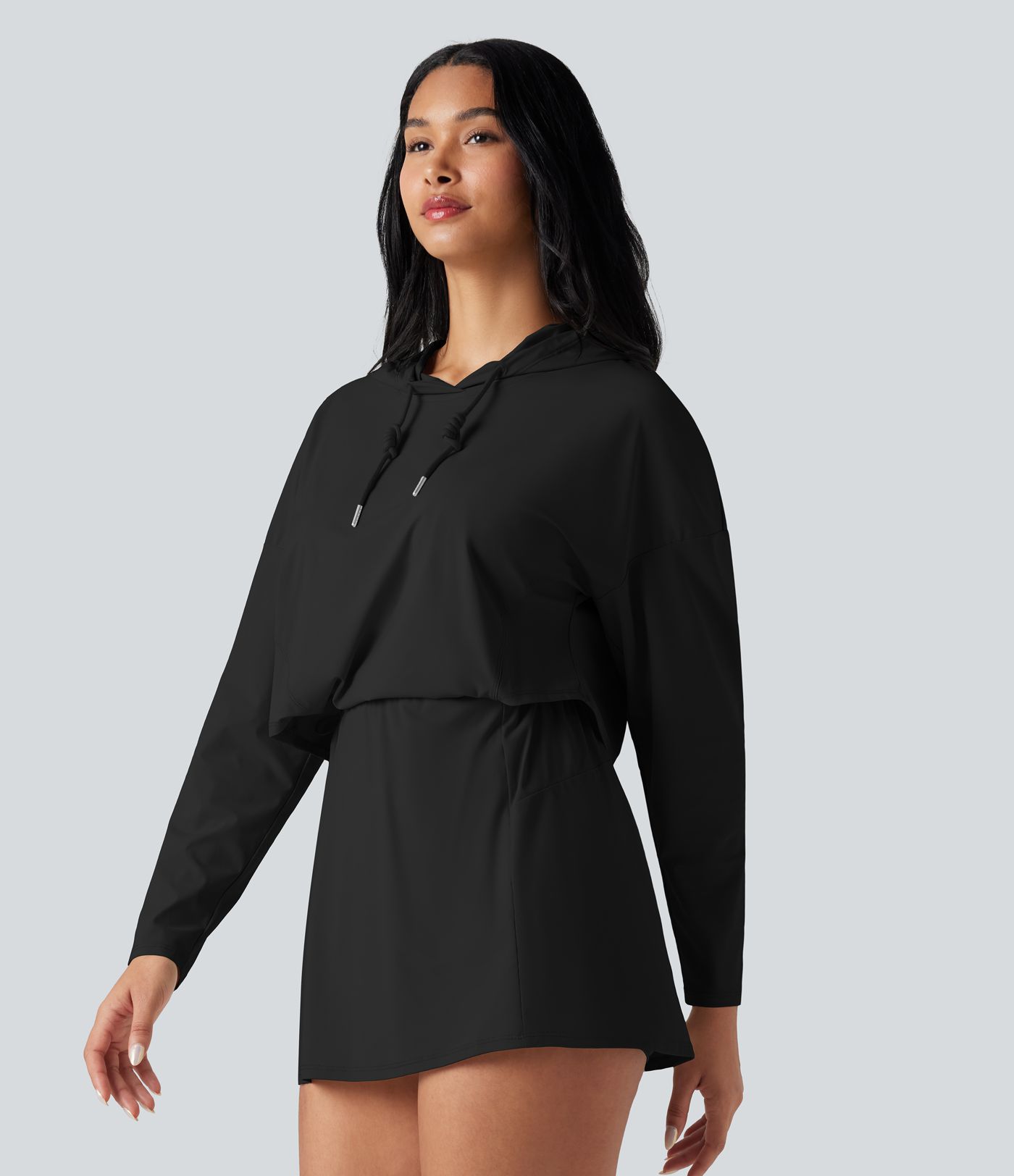 Hooded Long Sleeve 2-piece Quick Dry Casual Dress with Pockets