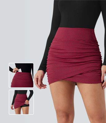 High Waisted 2-in-1 Houndstooth Bodycon Mini Casual Skirt with Pocket