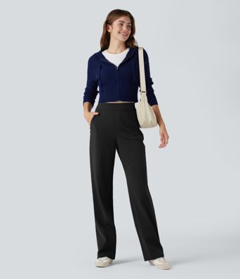 SoftlyZero™ Plush Thermal High Waisted Straight Leg Casual Pants with Zip Pockets