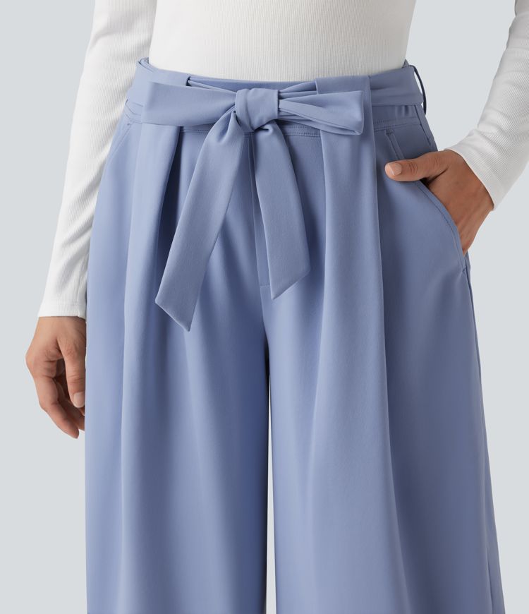 DayStretch High Waisted Tie Cropped Casual Baggy Trousers with Pockets