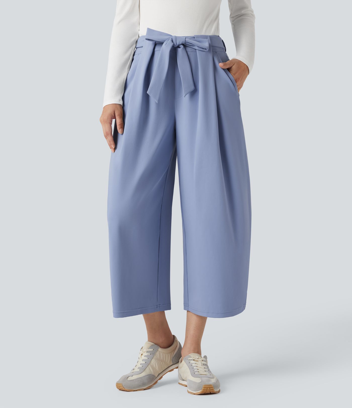 DayStretch High Waisted Tie Cropped Casual Baggy Trousers with Pockets