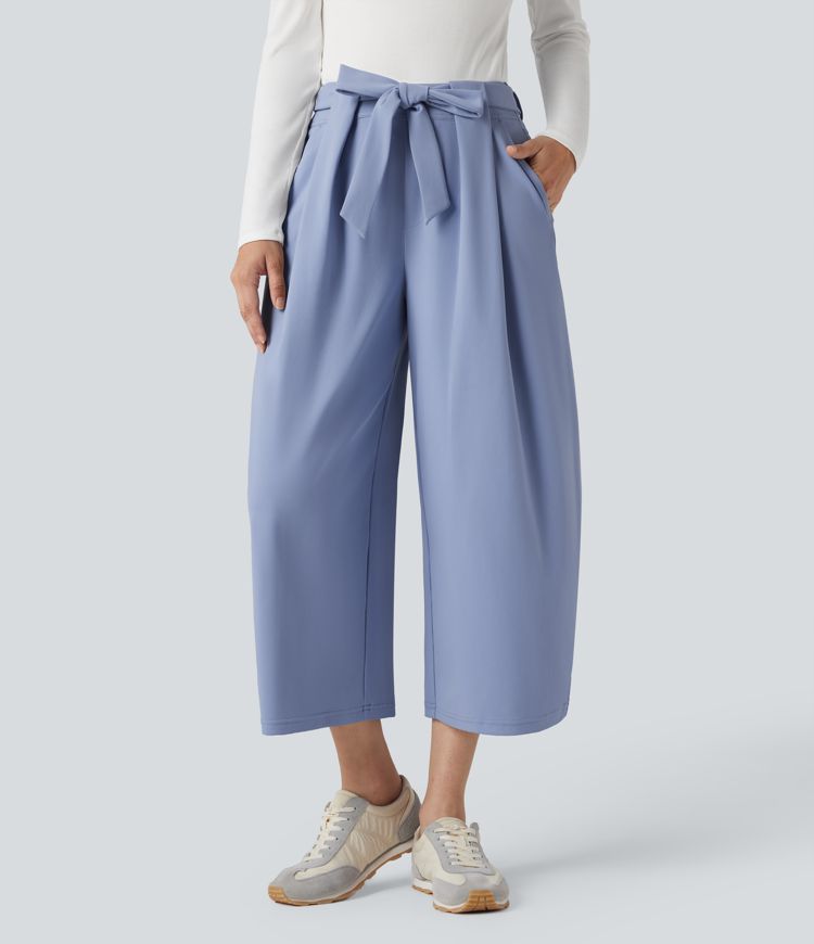 DayStretch High Waisted Tie Cropped Casual Baggy Trousers with Pockets
