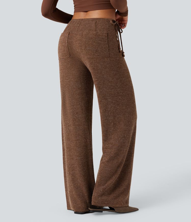 Ribbed Knit Metallic Mid Rise Drawstring Wide Leg Casual Pants with Pockets