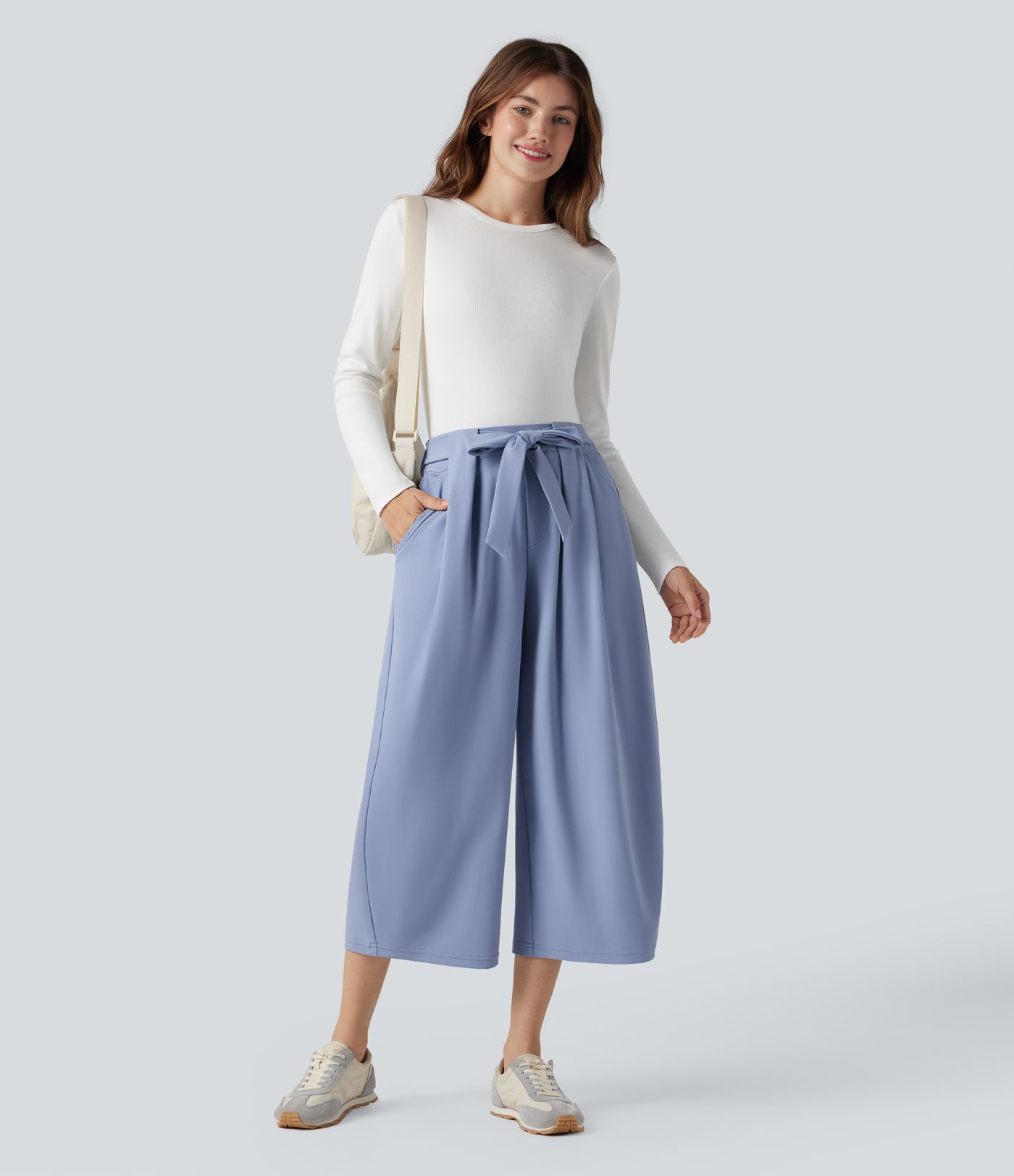DayStretch High Waisted Tie Cropped Casual Baggy Trousers with Pockets