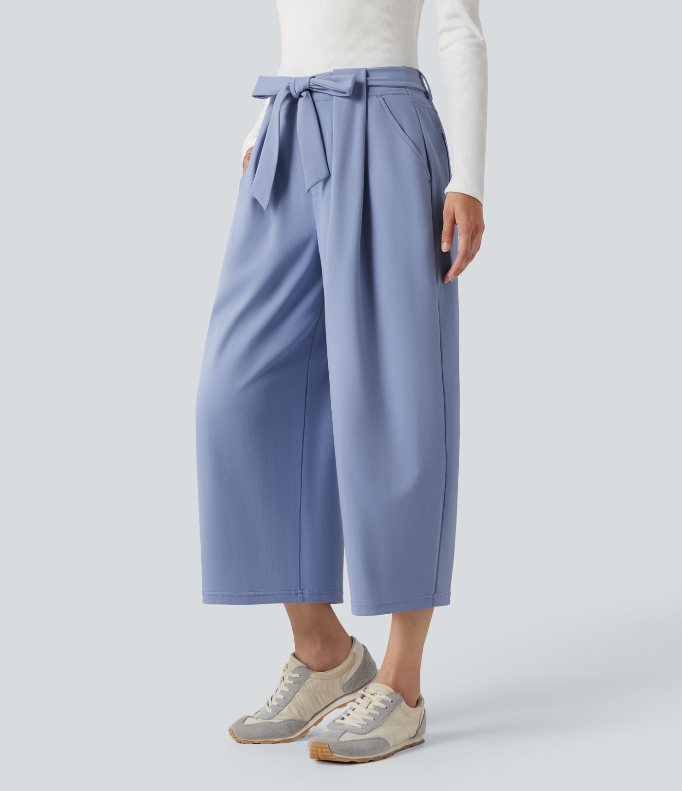 DayStretch High Waisted Tie Cropped Casual Baggy Trousers with Pockets