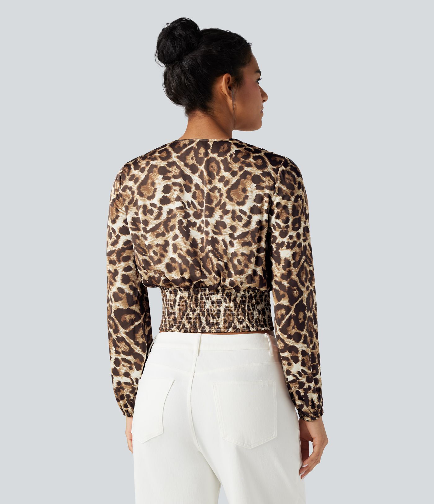 V Neck Long Sleeve Leopard Print Cropped Casual Blouse