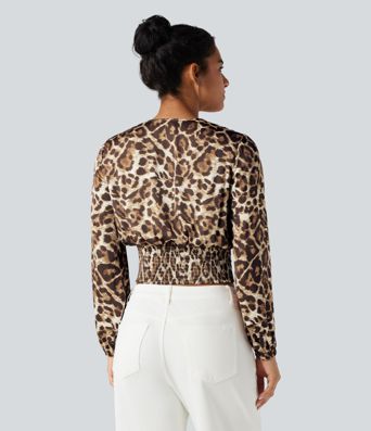V Neck Long Sleeve Leopard Print Cropped Casual Blouse