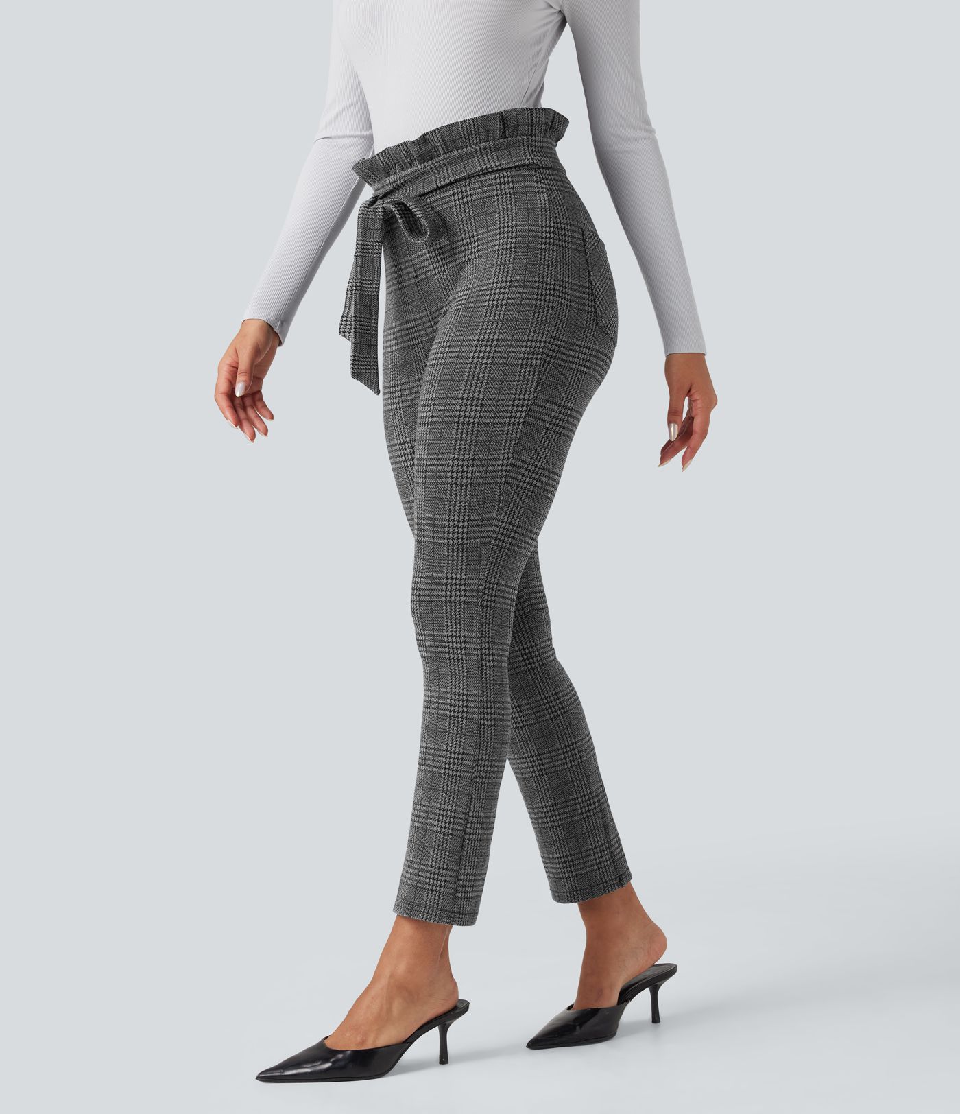 Halara Flex™ Paper Bag High Waisted Tie Houndstooth Plaid Work Skinny Pants with Pockets