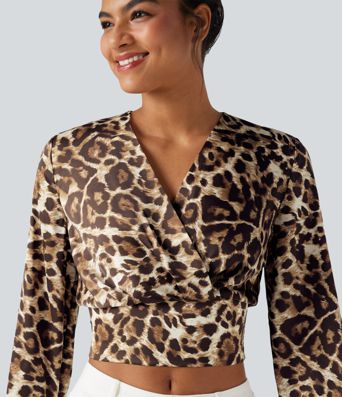 V Neck Long Sleeve Leopard Print Cropped Casual Blouse