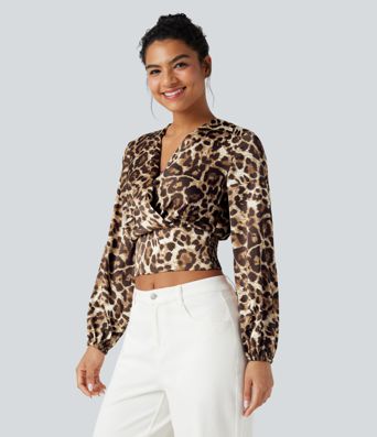 V Neck Long Sleeve Leopard Print Cropped Casual Blouse