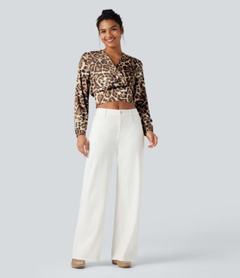 V Neck Long Sleeve Leopard Print Cropped Casual Blouse