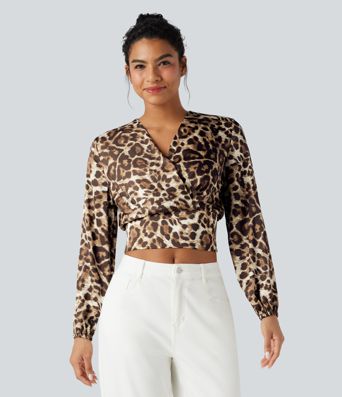 V Neck Long Sleeve Leopard Print Cropped Casual Blouse