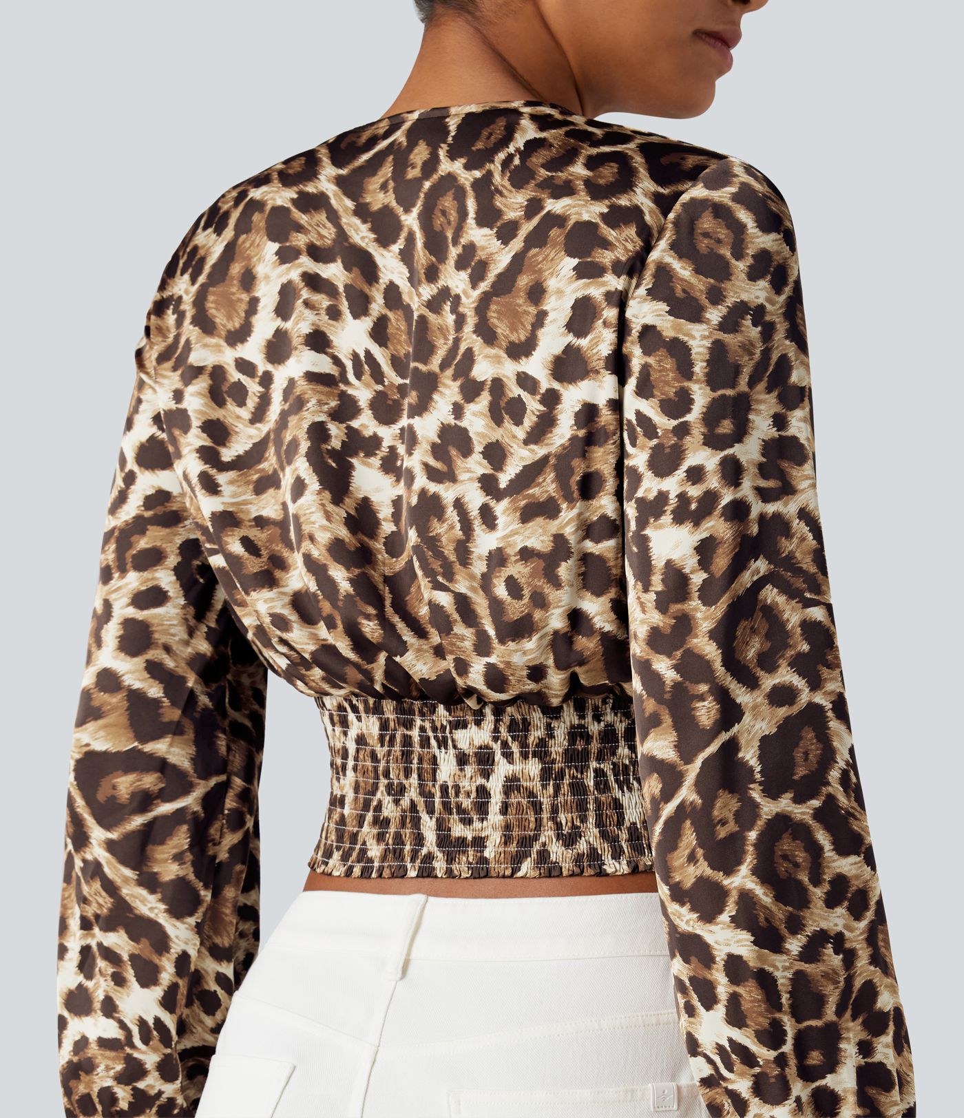 V Neck Long Sleeve Leopard Print Cropped Casual Blouse