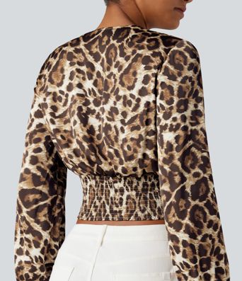 V Neck Long Sleeve Leopard Print Cropped Casual Blouse