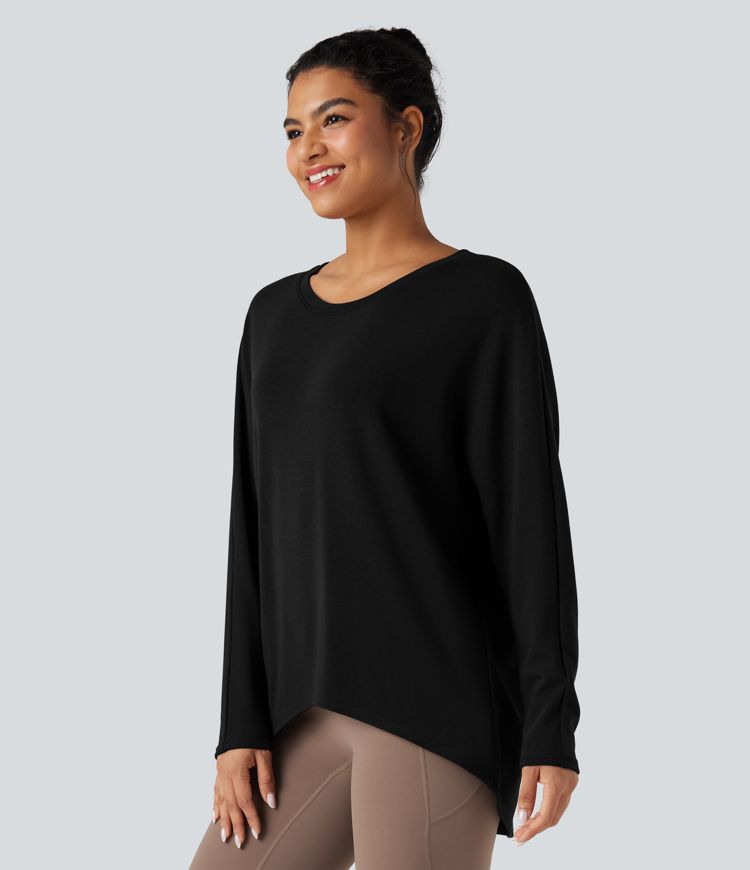 Scoop Neck Long Sleeve High-Low Oversized Thermal Casual Top