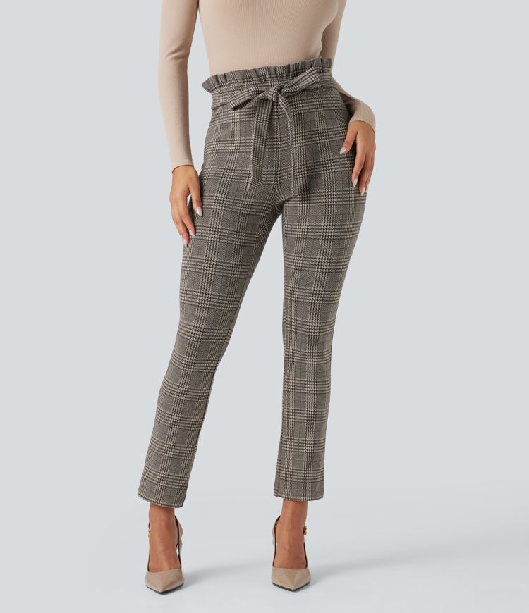 Pantalon tailleur skinny Halara Flex™ paper bag pied-de-poule carreaux taille haute à nœud avec poches