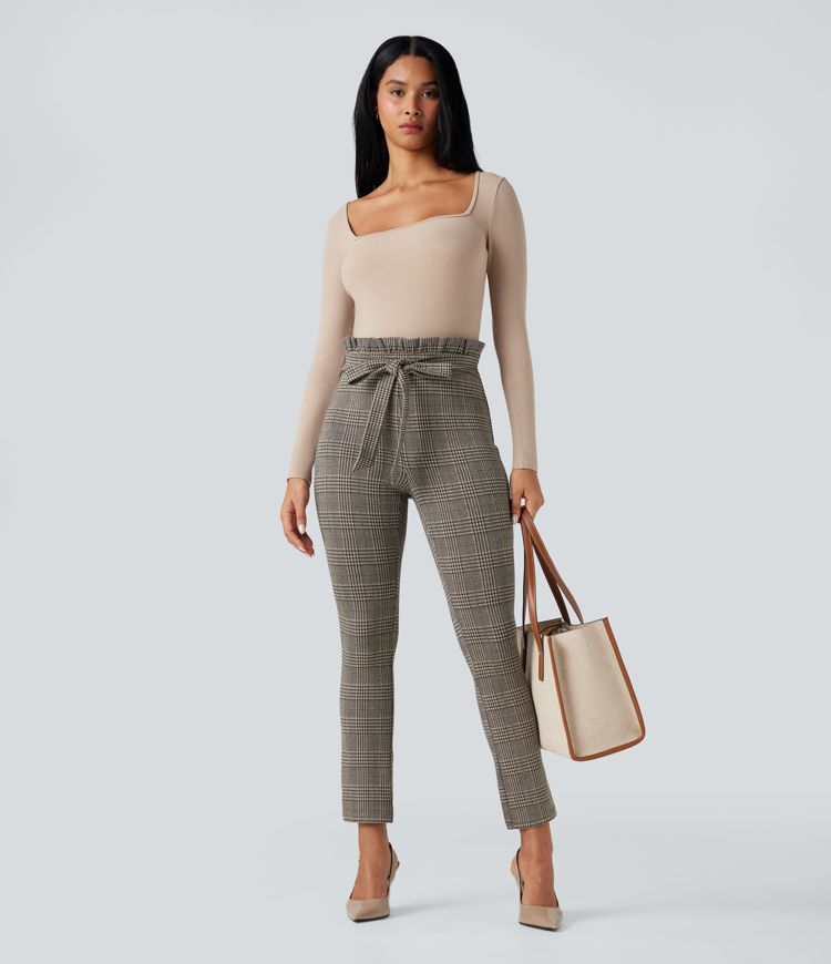 Halara Flex™ Paper Bag High Waisted Tie Houndstooth Plaid Work Skinny Trousers with Pockets