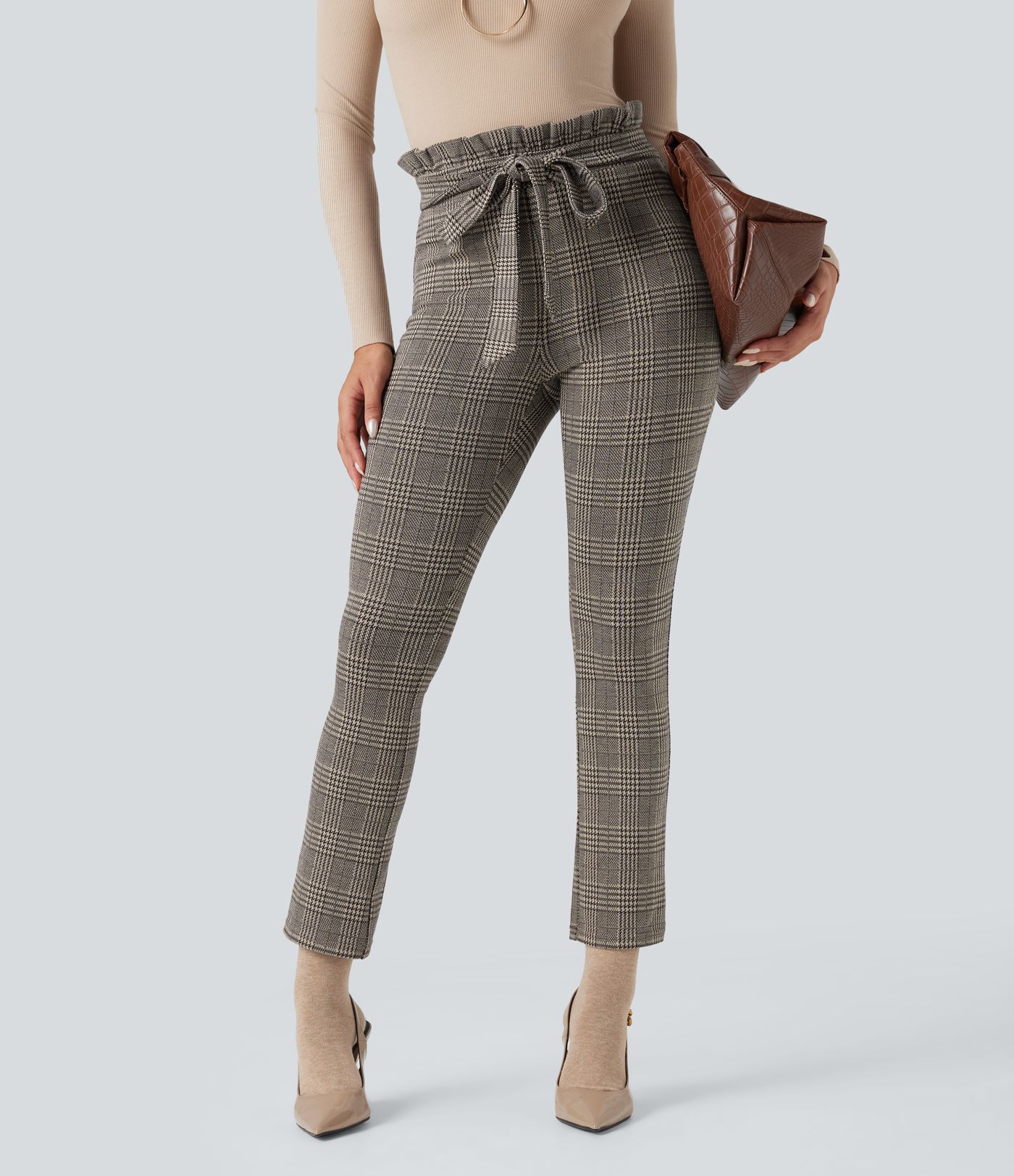 Halara Flex™ Paperbag hoge taille met ceintuur, pied-de-poule ruit, skinny pantalon voor werk met zakken
