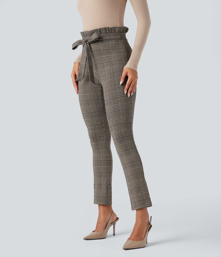 Halara Flex™ Paper Bag High Waisted Tie Houndstooth Plaid Work Skinny Trousers with Pockets