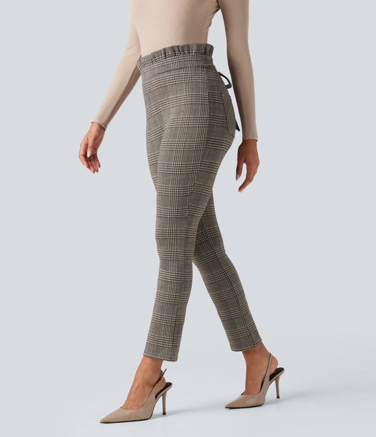Halara Flex™ Paper Bag High Waisted Tie Houndstooth Plaid Work Skinny Trousers with Pockets