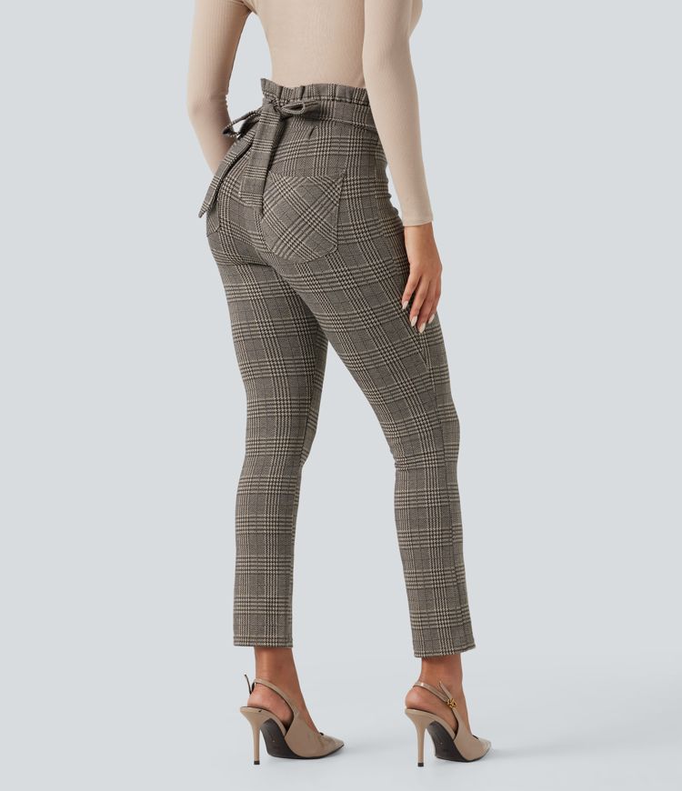 Halara Flex™ Paper Bag High Waisted Tie Houndstooth Plaid Work Skinny Trousers with Pockets