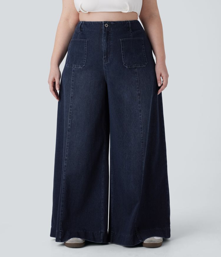 Halara Flex™ High Waisted Pockets Washed Casual Wide Leg Plus Size Jeans