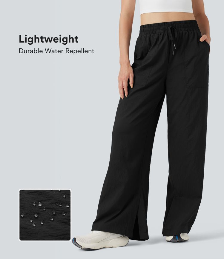 Lightweight Durable Water Repellent High Waisted Drawstring Split Wide Leg Yoga Pants with Pockets