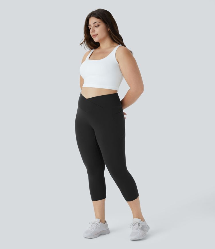 SoftlyZero™ High Waisted Crossover Pocket Capri Yoga Plus Size Leggings-UPF50+