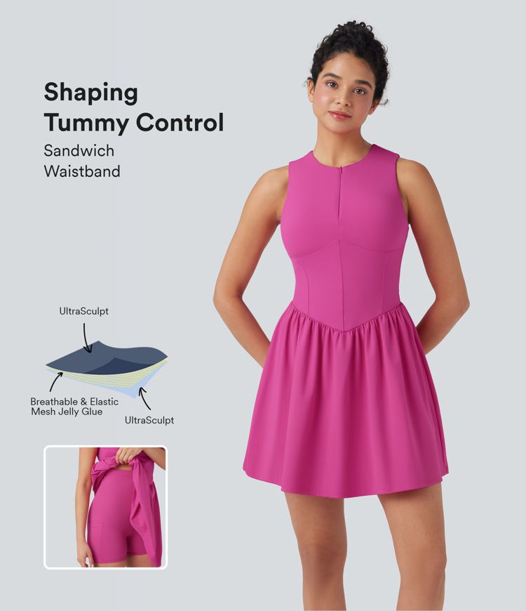 SoftlyZero™ Airy SoCinched Half Zip Sleeveless Mini Tennis Active Dress with Tummy Control Shorts