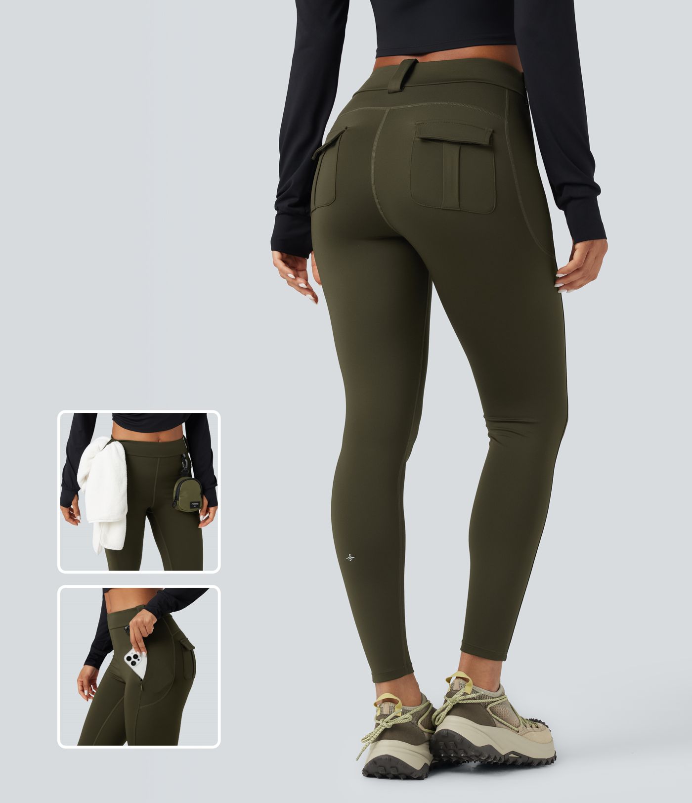 Wear-Resistant Mid Rise Cargo Hiking Leggings with Pockets