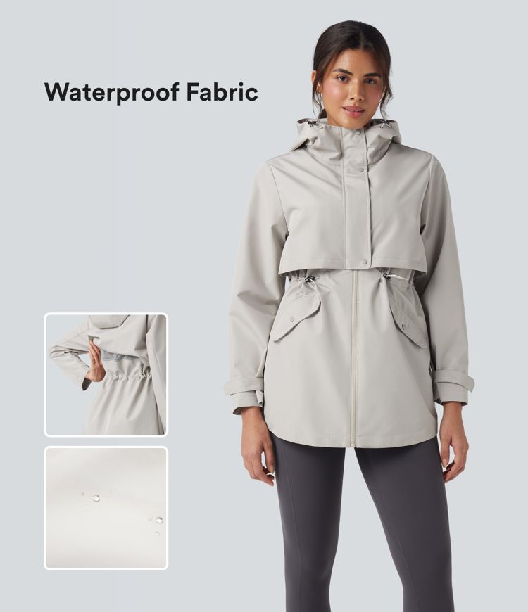 Waterproof Hooded Contrast Mesh Drawstring Hiking Windbreaker Jacket with Pockets