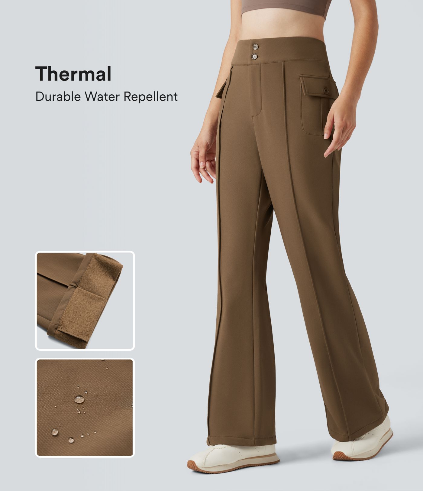 Durable Water Repellent Thermal High Waisted Hiking Flare Pants with Pockets