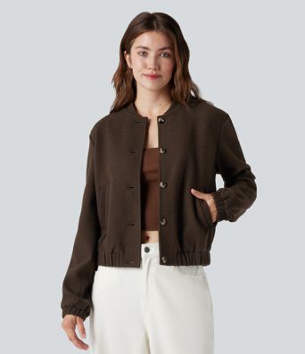 Crossover Back Long Sleeve Fleece Casual Jacket with Pockets