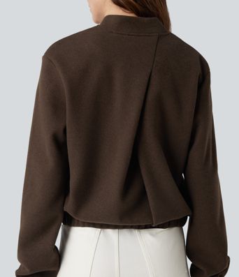 Crossover Back Long Sleeve Fleece Casual Jacket with Pockets