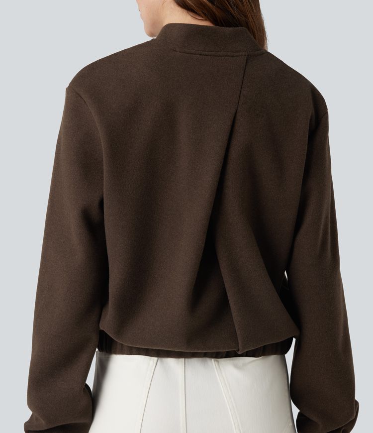 Crossover Back Long Sleeve Fleece Casual Jacket with Pockets