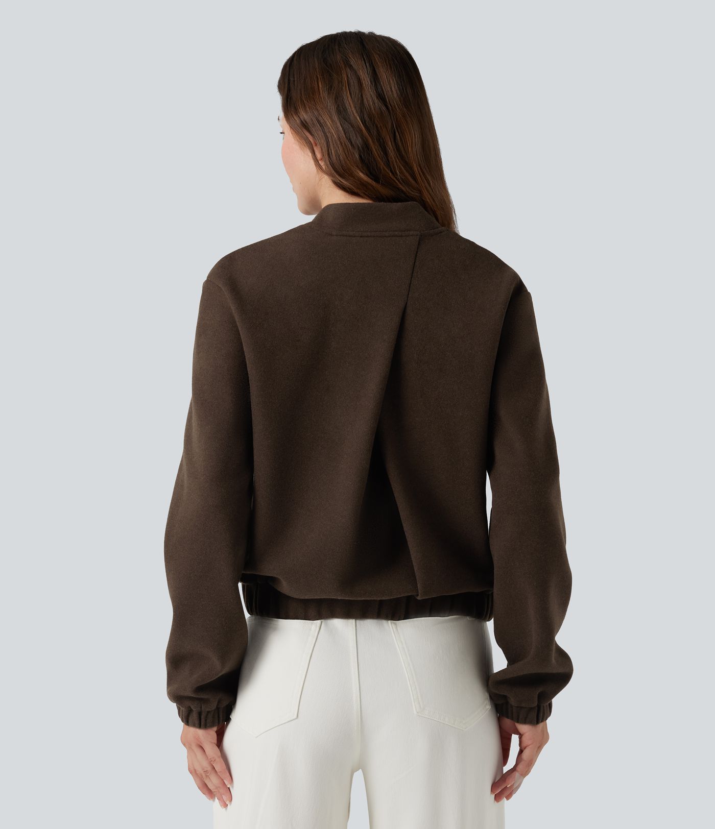 Crossover Back Long Sleeve Fleece Casual Jacket with Pockets