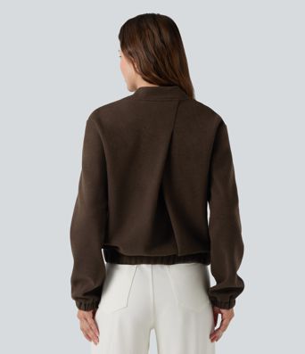 Crossover Back Long Sleeve Fleece Casual Jacket with Pockets