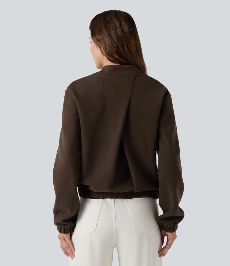 Crossover Back Long Sleeve Fleece Casual Jacket with Pockets