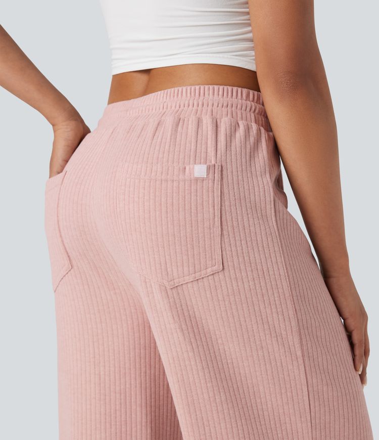 Ribbed Knit High Waisted Drawstring Straight Leg Fleece Casual Trousers with Pockets