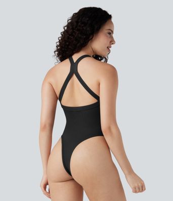 Gerippter, ärmelloser, figurbetonter Body mit V-Ausschnitt und überkreuztem Rückendetail, lässig