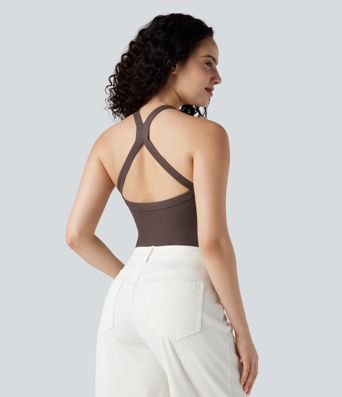 Body côtelé ajusté col V dos croisé sans manches