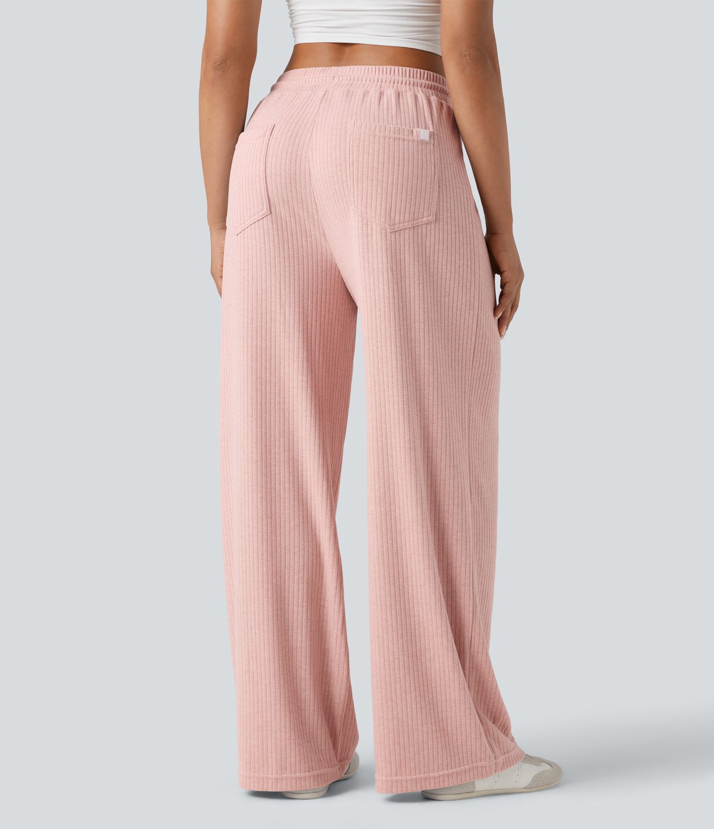 Ribbed Knit High Waisted Drawstring Straight Leg Fleece Casual Trousers with Pockets