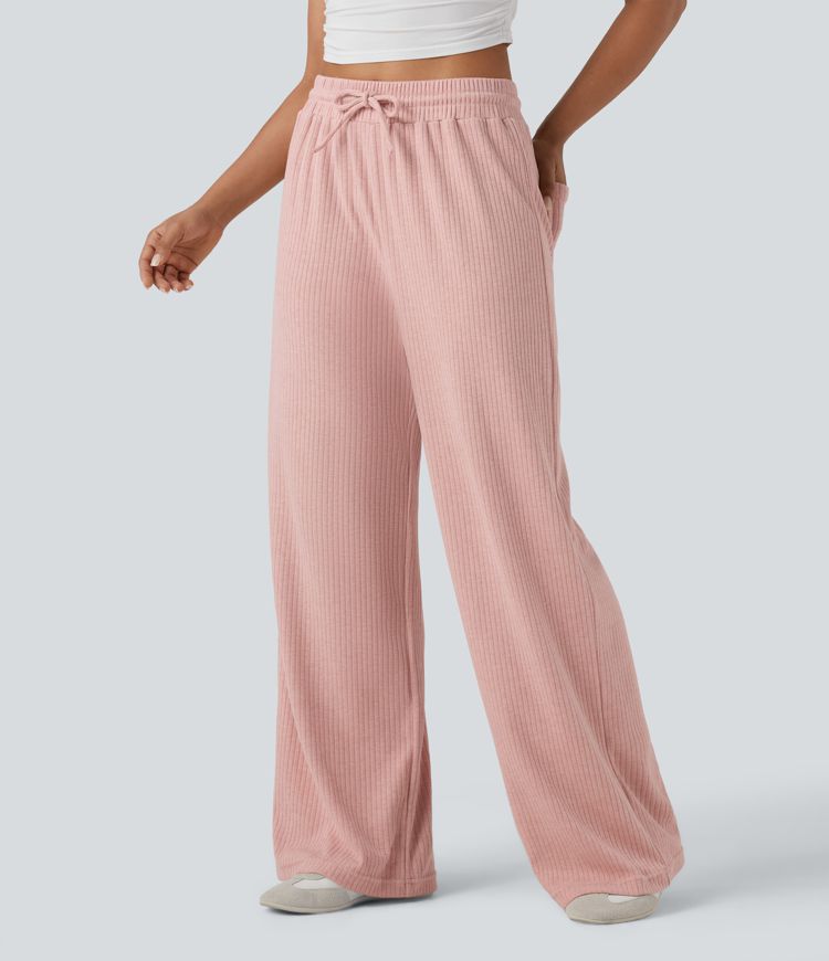 Ribbed Knit High Waisted Drawstring Straight Leg Fleece Casual Trousers with Pockets