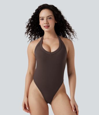 Body côtelé ajusté col V dos croisé sans manches