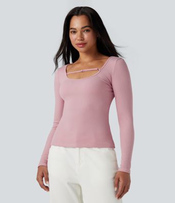 Ribbed Knit U-Neck Long Sleeve Work T-Shirt