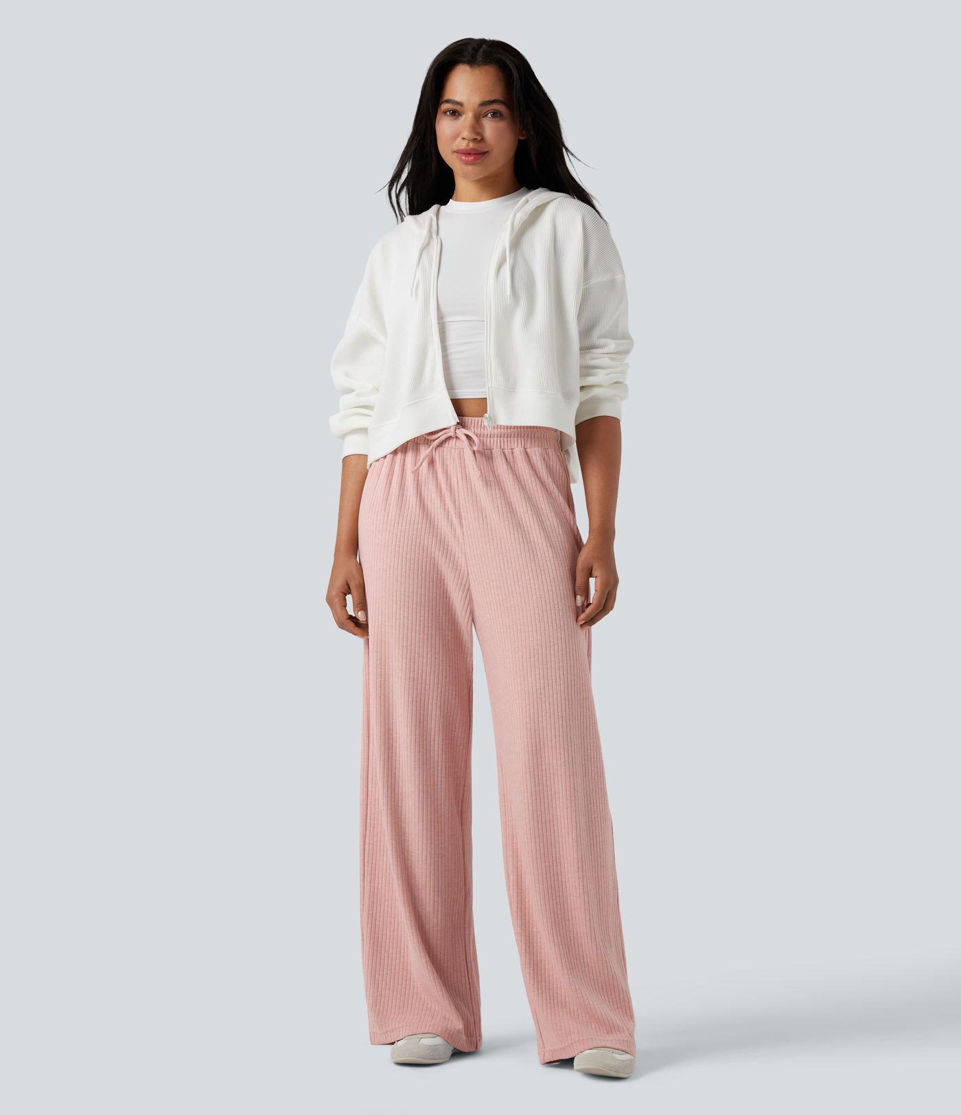 Ribbed Knit High Waisted Drawstring Straight Leg Fleece Casual Trousers with Pockets