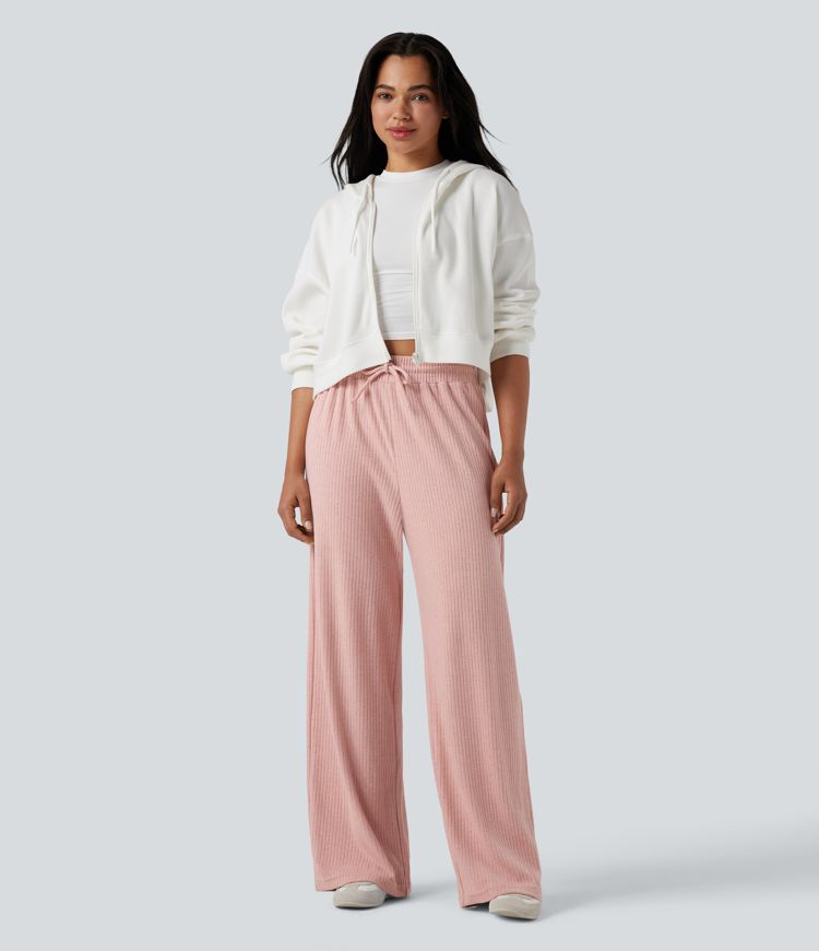 Ribbed Knit High Waisted Drawstring Straight Leg Fleece Casual Trousers with Pockets